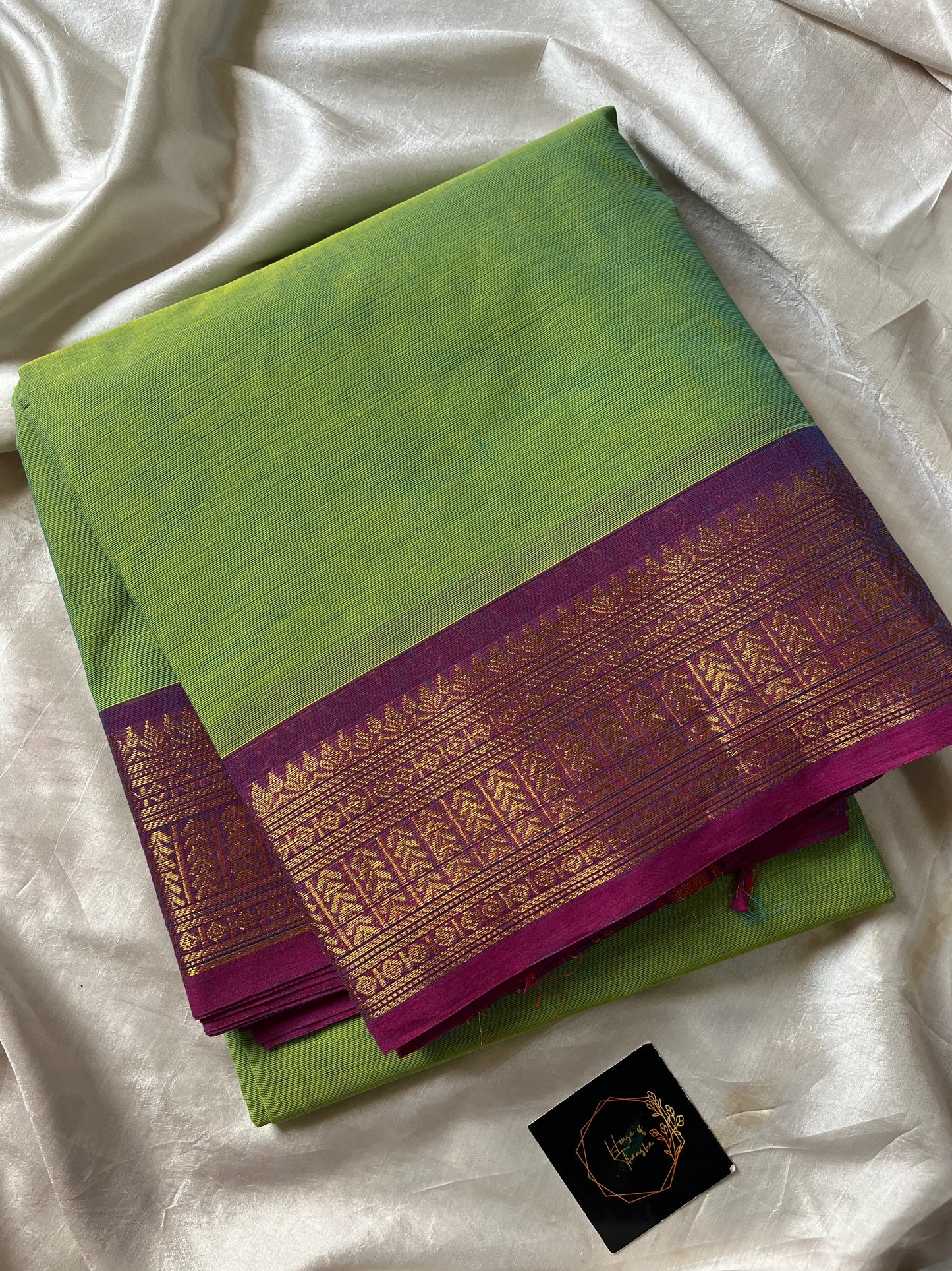 Green Chettinadu Cotton Saree with Purple Zari Border – House of Thansha