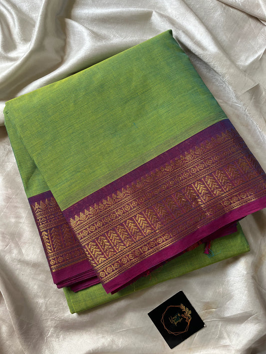 Green Chettinadu Cotton Saree with Purple Zari Border – House of Thansha