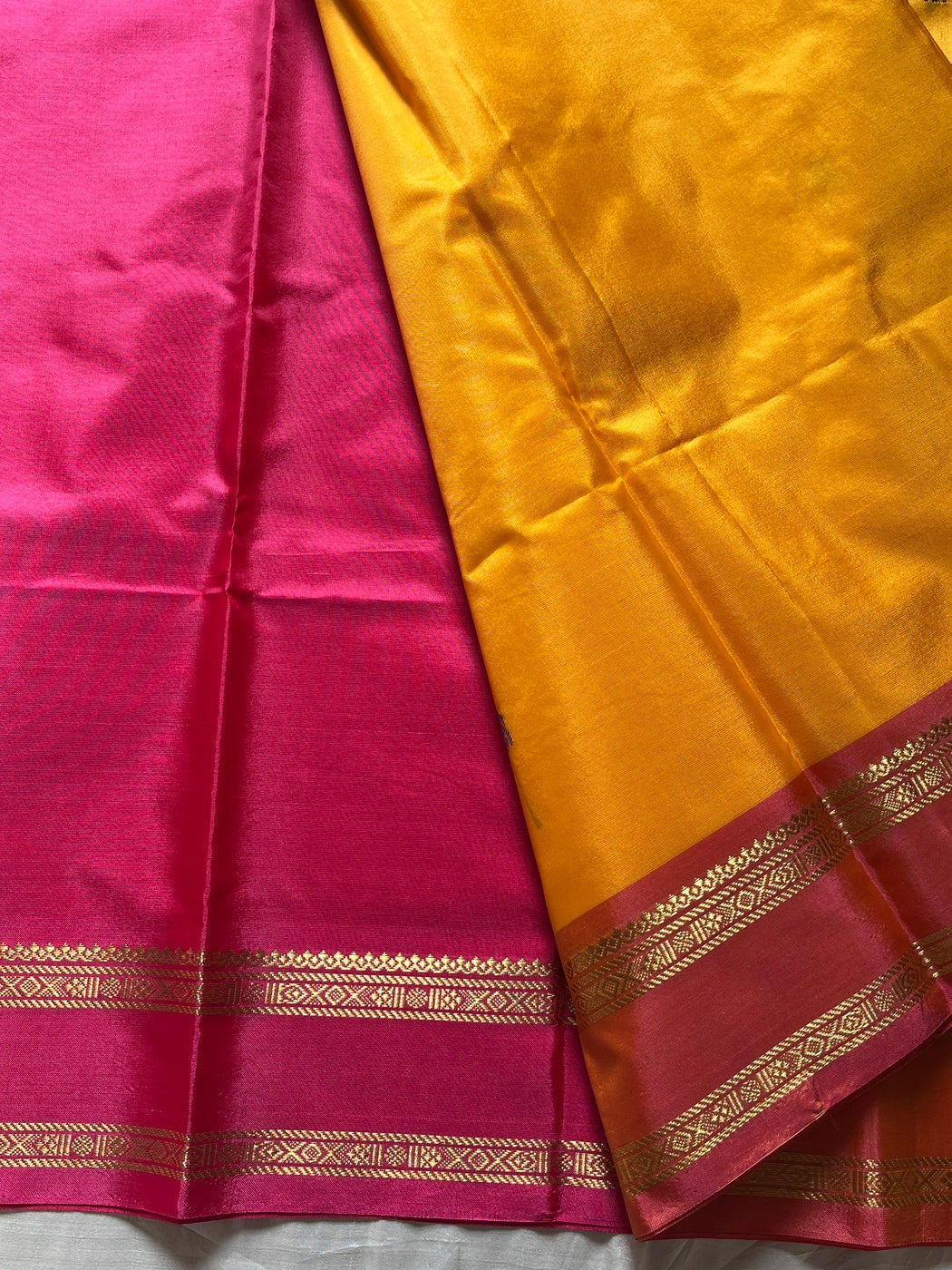 Vegan Silks | Chinnalampattu Saree – Mango Yellow & Pink