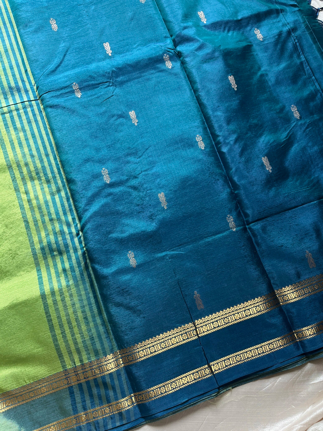 Vegan Silks | Chinnalampattu Saree – Green & SkyBlue