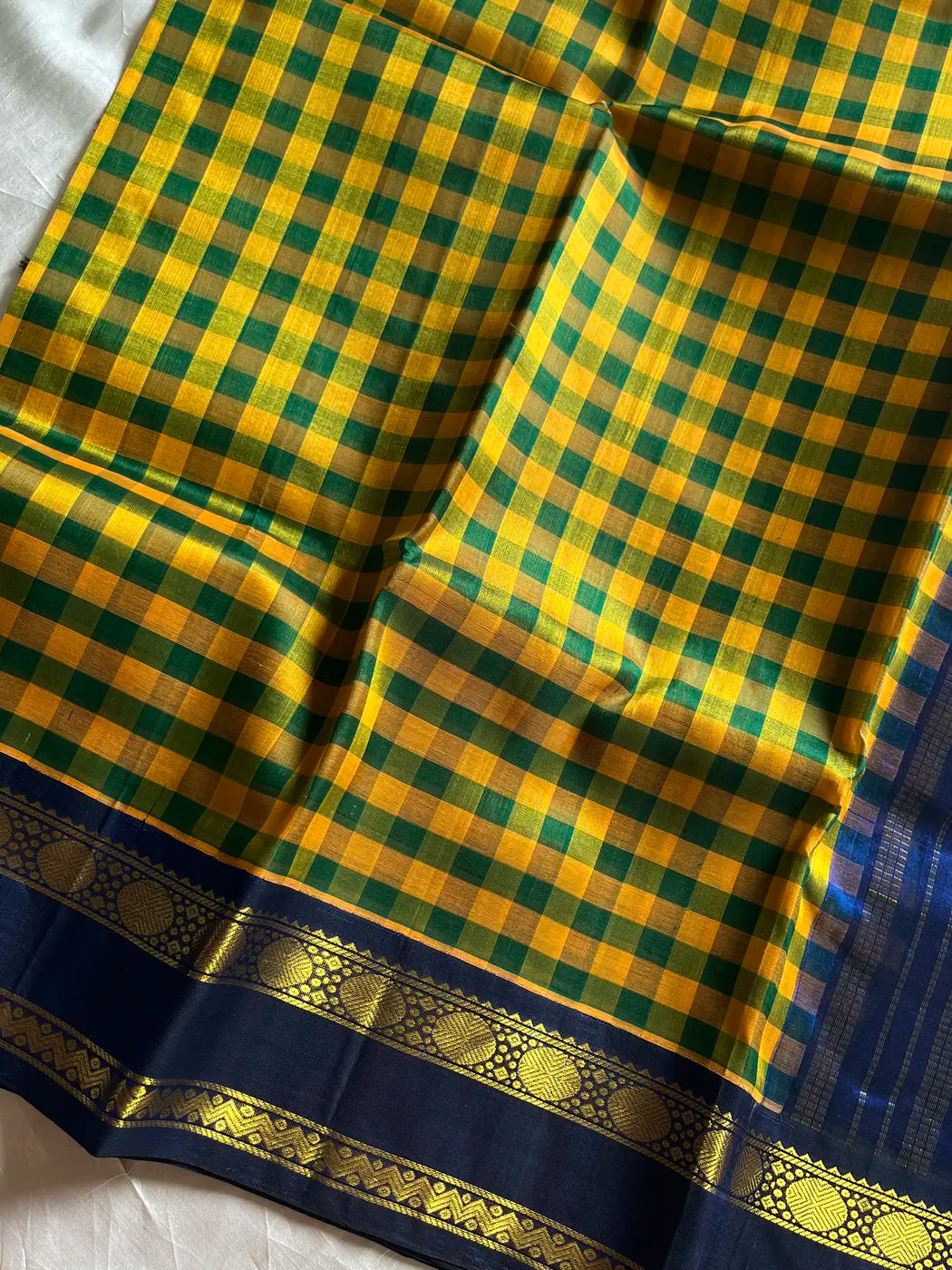 Paalum Pazhamum Kattam – Yellow Blue Checks Kanchi Silkcotton