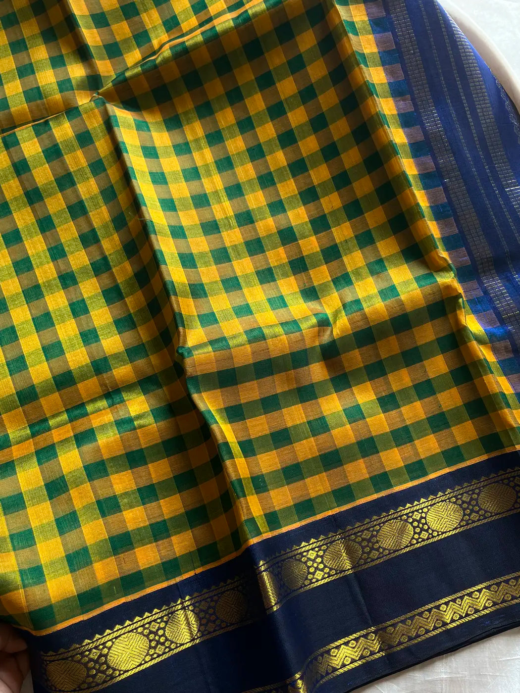 Paalum Pazhamum Kattam – Yellow Blue Checks Kanchi Silkcotton