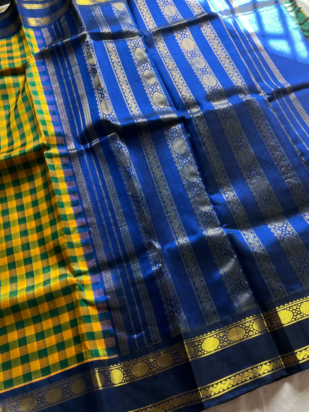 Paalum Pazhamum Kattam – Yellow Blue Checks Kanchi Silkcotton