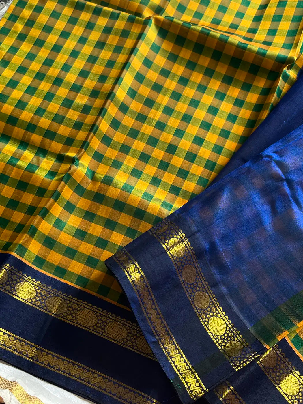Paalum Pazhamum Kattam – Yellow Blue Checks Kanchi Silkcotton