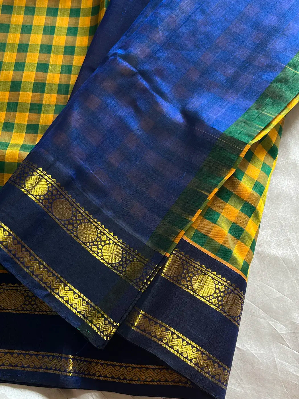 Paalum Pazhamum Kattam – Yellow Blue Checks Kanchi Silkcotton