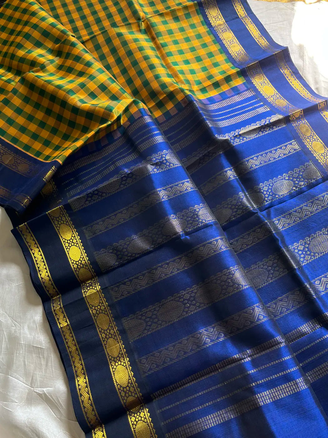 Paalum Pazhamum Kattam – Yellow Blue Checks Kanchi Silkcotton