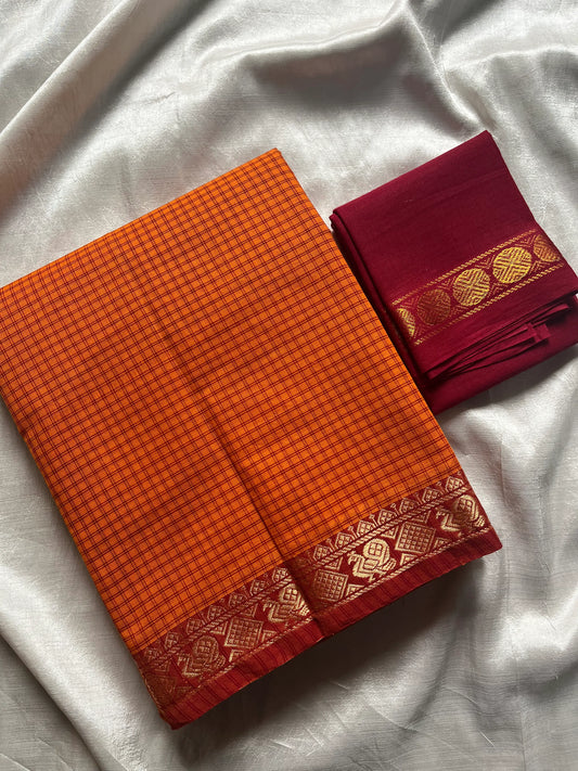 Mini Kattam – Orangish Yellow Checked Chettinadu Cotton Saree