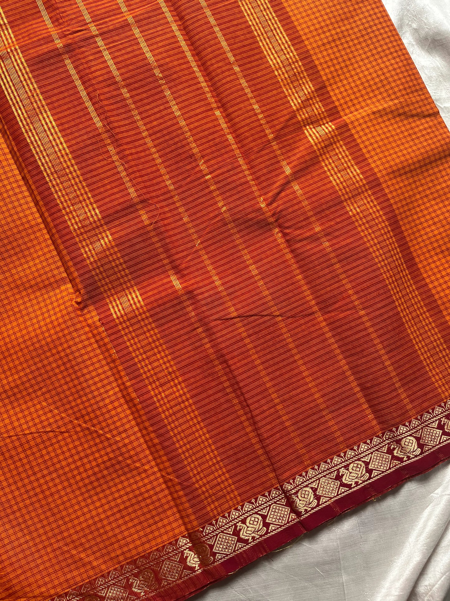 Mini Kattam – Orangish Yellow Checked Chettinadu Cotton Saree