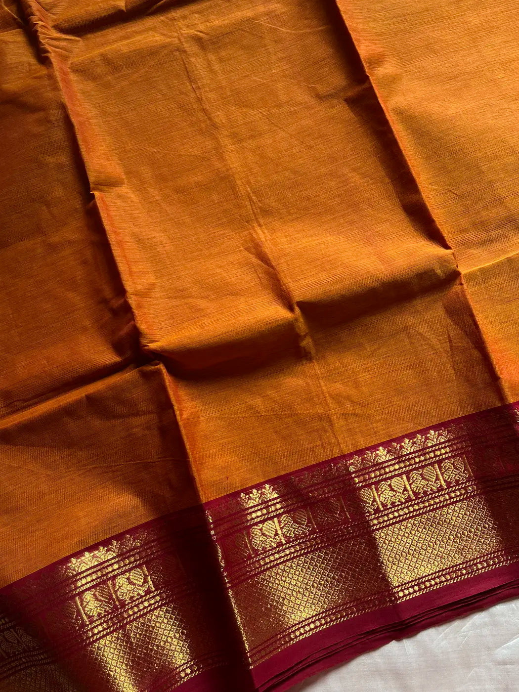 Subtle Weaves | Yellowish Orange Kanchi Cotton Saree