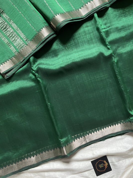 Emerald – Dark green Mangalagiri silk cotton saree with silver Nizam border | House of Thansha