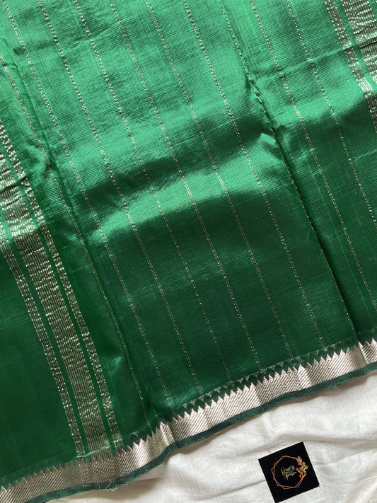 Emerald – Dark green Mangalagiri silk cotton saree with silver Nizam border | House of Thansha