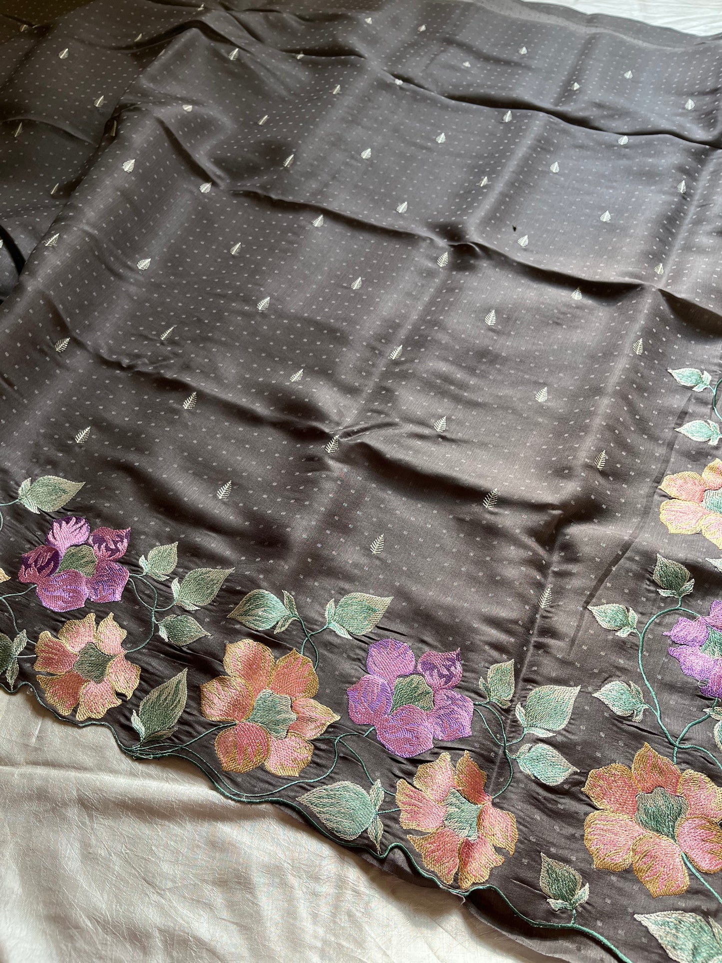 Graphite grey embroidered designer saree with scalloped border – House of Thansha