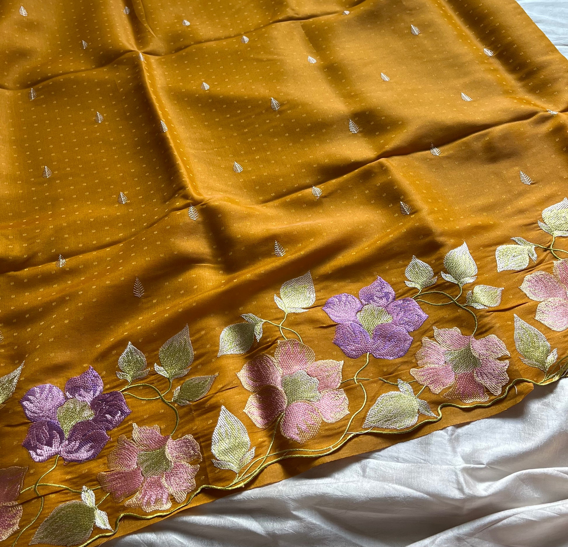 Pastel yellow embroidered designer saree with scalloped border – House of Thansha