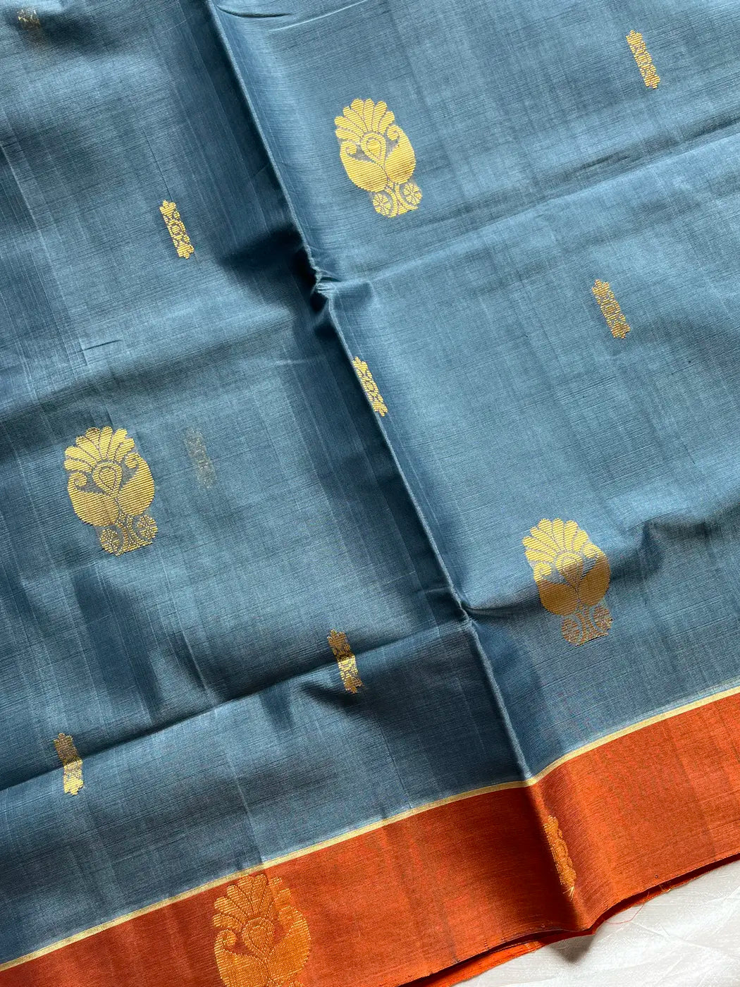 Vegan Silk Saree – Grey & Orange Handloom Art Silk
