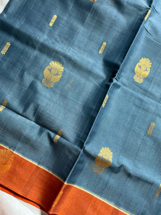 Vegan Silk Saree – Grey & Orange Handloom Art Silk