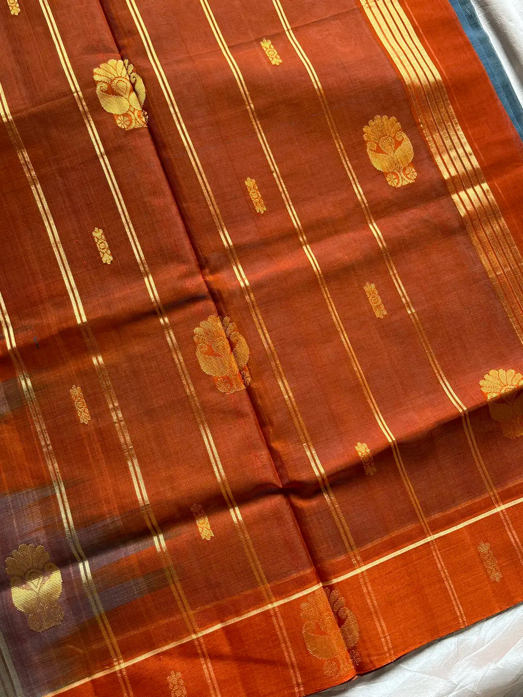 Vegan Silk Saree – Grey & Orange Handloom Art Silk