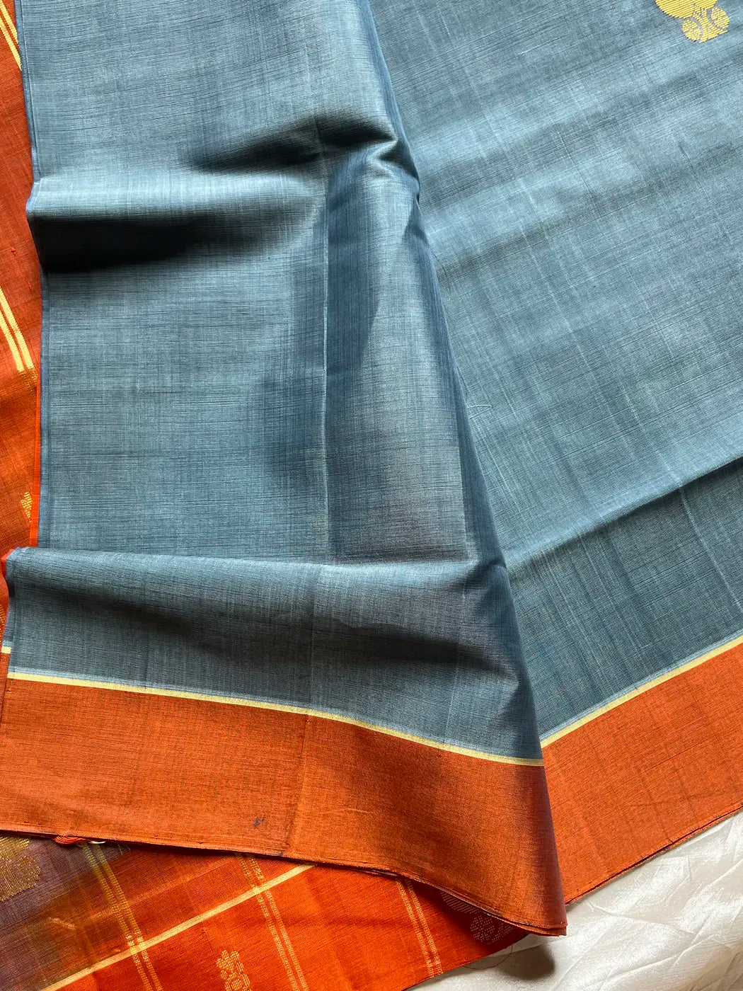 Vegan Silk Saree – Grey & Orange Handloom Art Silk