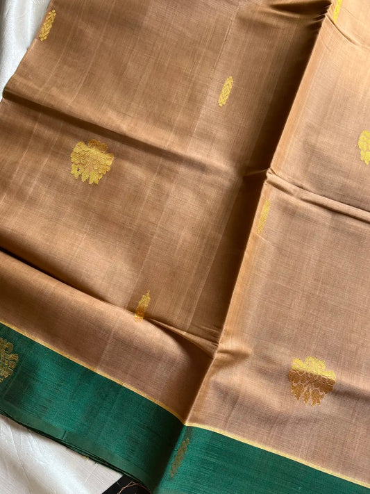 Vegan Silk Saree – Beige & Green Handloom Art Silk