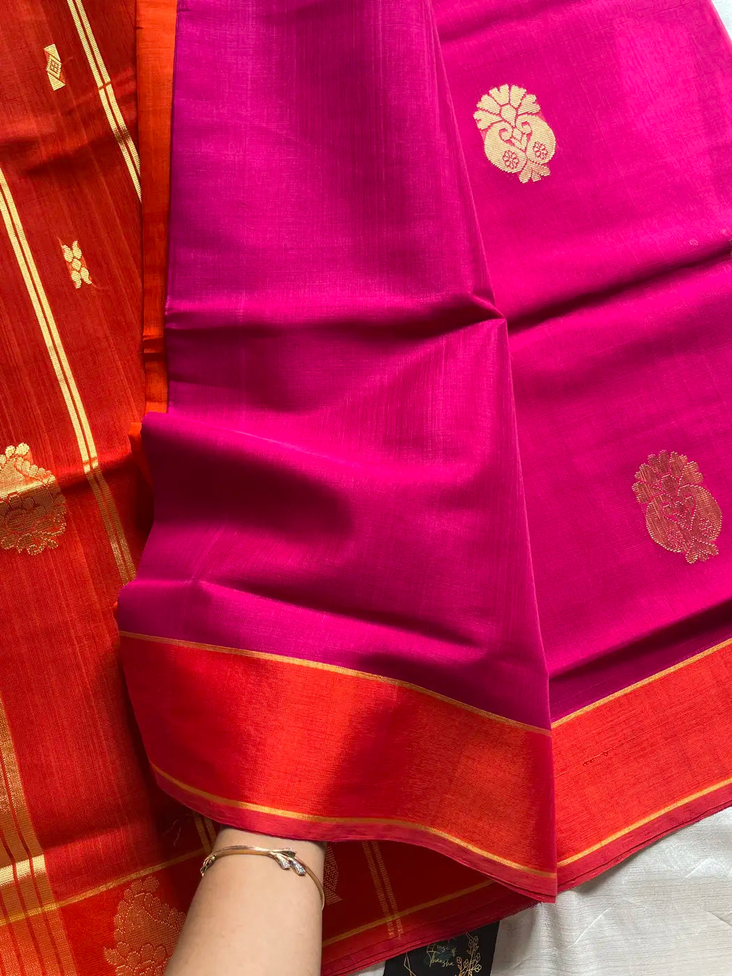 Vegan Silk Saree – Pink & Orange Handloom Art Silk
