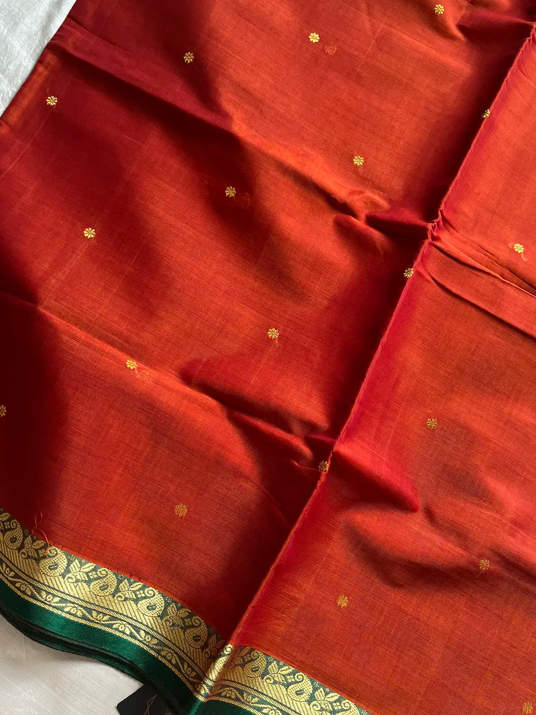 Vegan Silk Saree – Burnt range & Green Handloom Art Silk