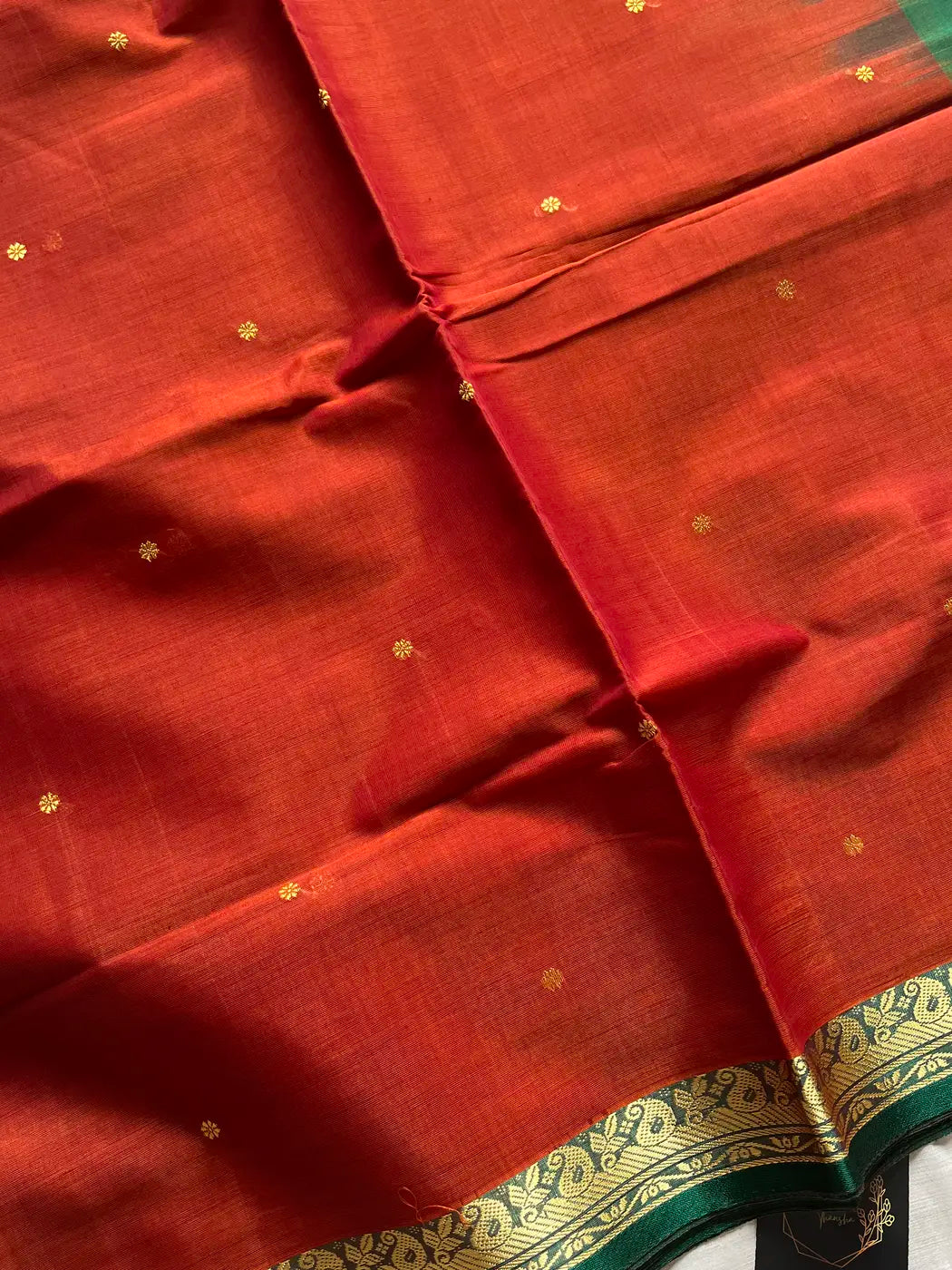 Vegan Silk Saree – Burnt range & Green Handloom Art Silk