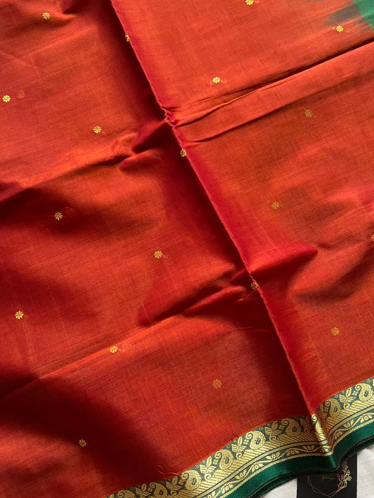 Vegan Silk Saree – Burnt range & Green Handloom Art Silk