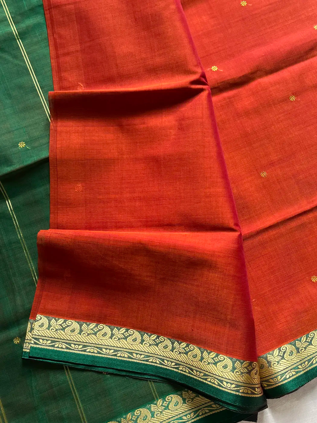 Vegan Silk Saree – Burnt range & Green Handloom Art Silk