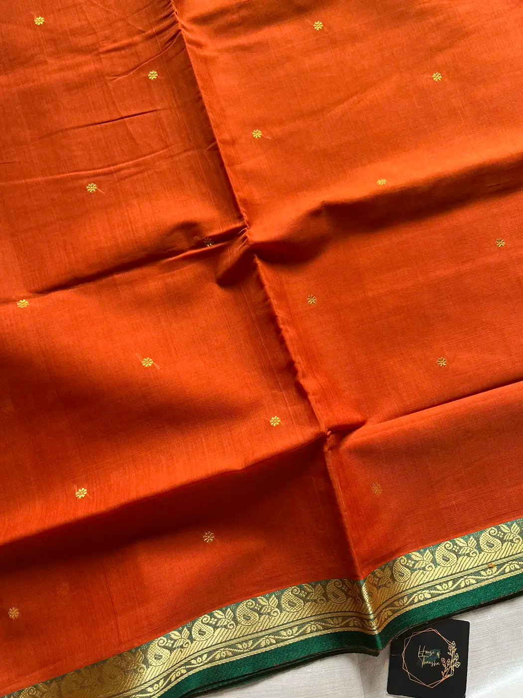 Vegan Silk Saree – Yellowish Orange & Green Handloom Art Silk