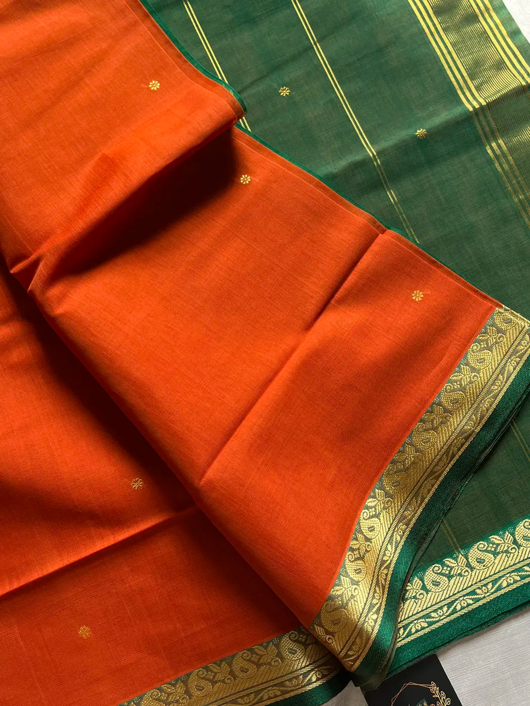 Vegan Silk Saree – Yellowish Orange & Green Handloom Art Silk