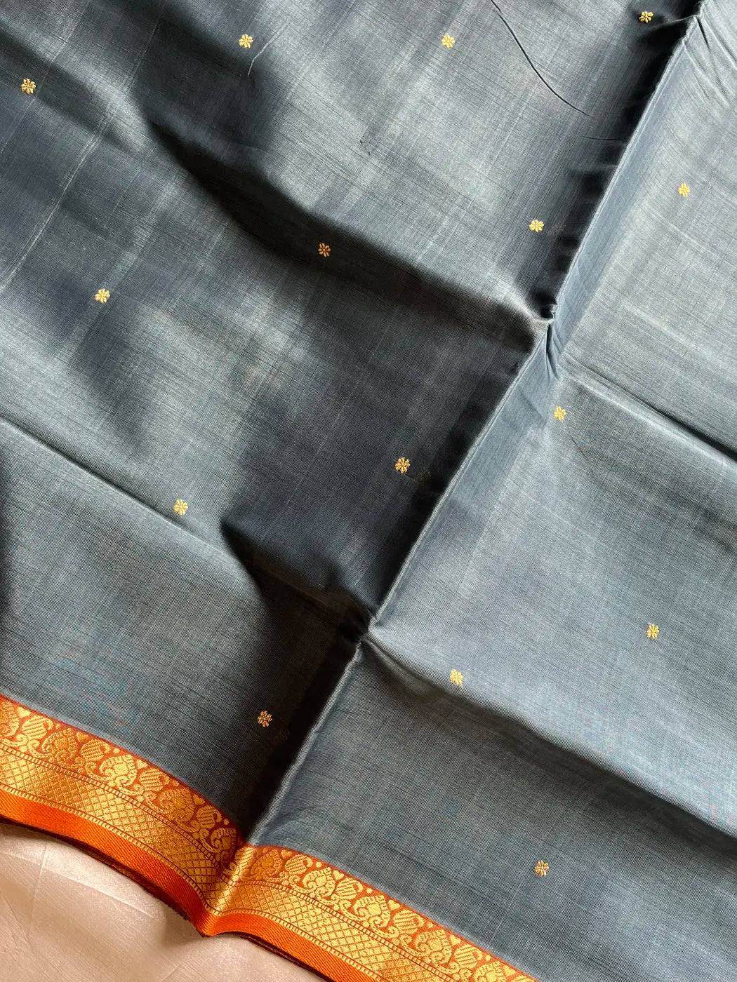Vegan Silk Saree – Grey & Orange Handloom Art Silk