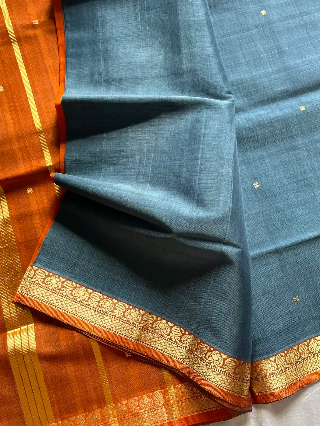 Vegan Silk Saree – Grey & Orange Handloom Art Silk