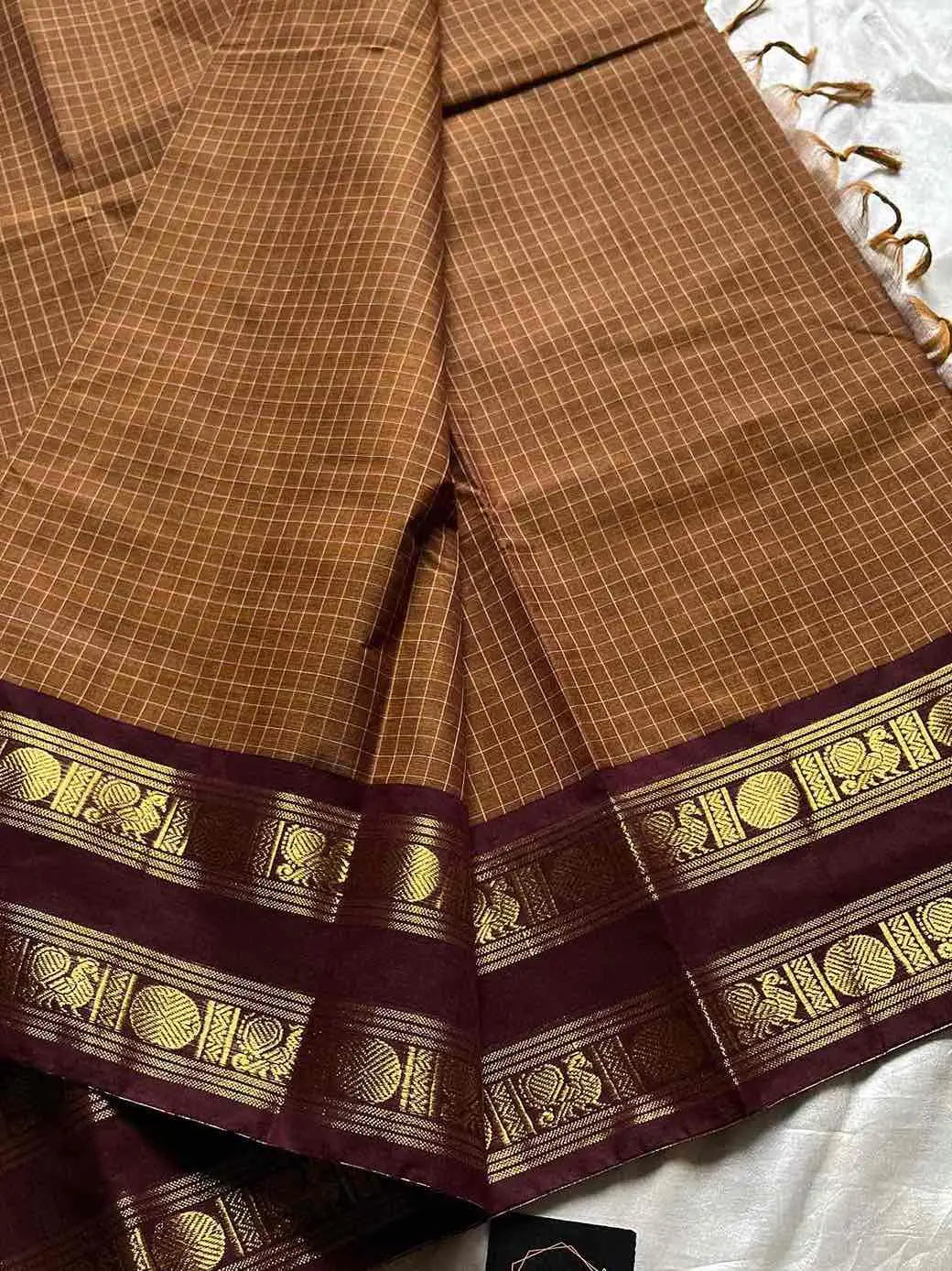 Kattam Edit | Chettinadu Checked Saree – Honey Brown