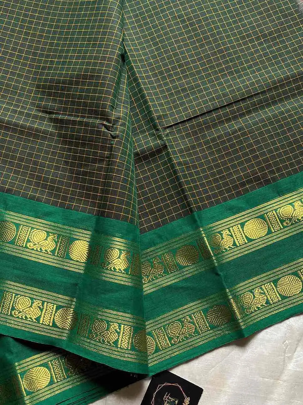 Kattam Edit | Chettinadu Checked Saree – Dark Green