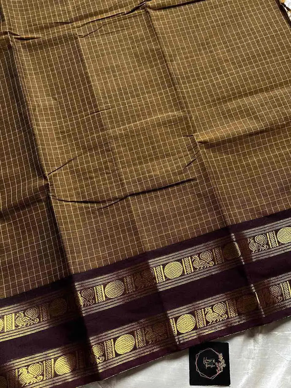 Kattam Edit | Chettinadu Checked Saree – Olive Brown