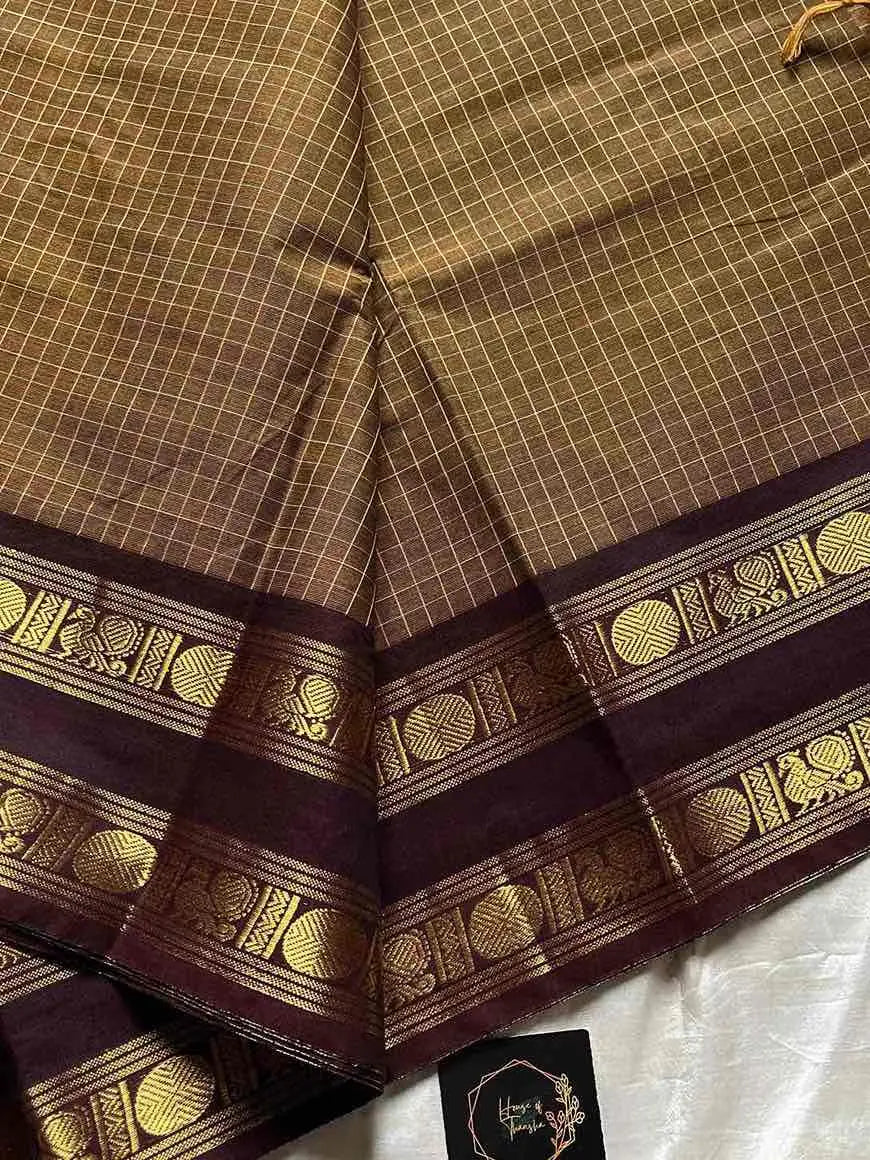 Kattam Edit | Chettinadu Checked Saree – Olive Brown