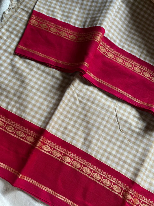 Maragatham – Pastel White Korvai Kattam Chettinadu Cotton Saree