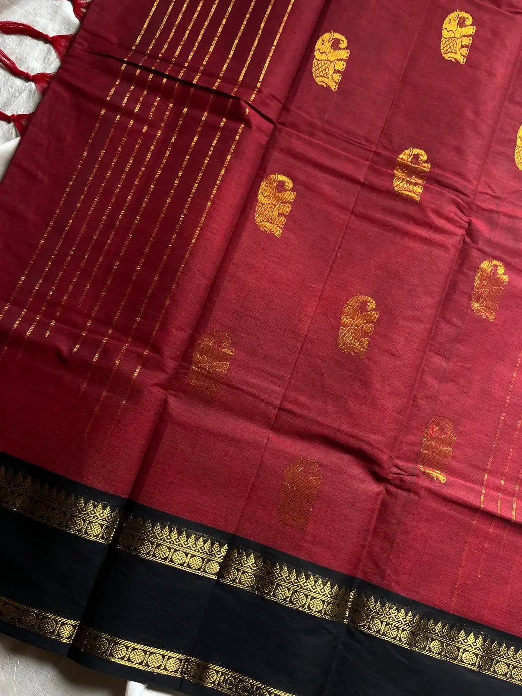 Royal Drapes | Maroon & Black Kanchi Cotton Saree