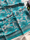 Sky blue handblock printed mulmul cotton saree with white floral motifs and contrast blouse – House of Thansha