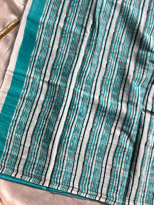 Sky blue handblock printed mulmul cotton saree with white floral motifs and contrast blouse – House of Thansha