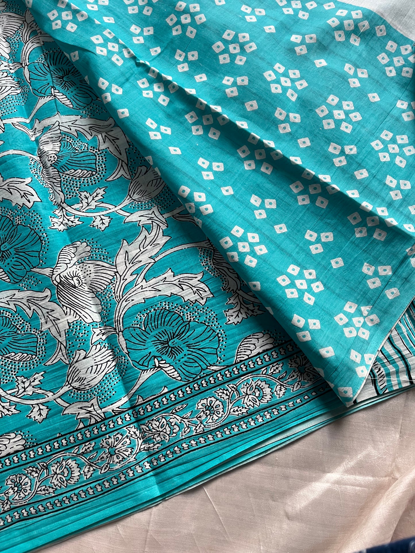 Sky blue handblock printed mulmul cotton saree with white floral motifs and contrast blouse – House of Thansha