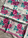 White mulmul cotton saree with pink rose handblock print and contrast blouse – House of Thansha