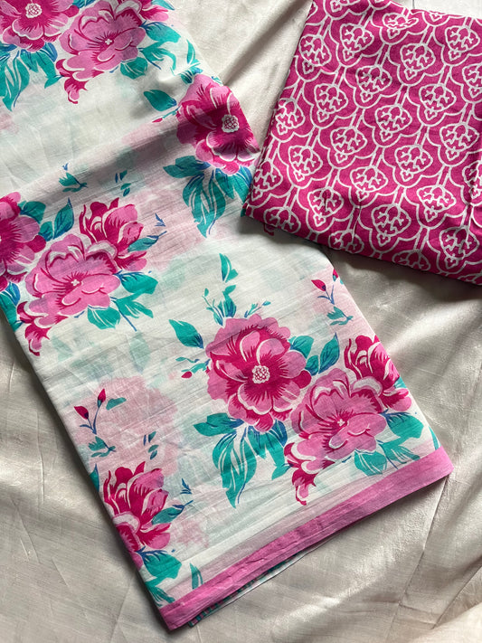 White mulmul cotton saree with pink rose handblock print and contrast blouse – House of Thansha