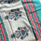 Blush pink handblock printed mulmul cotton saree with teal floral motifs and contrast blouse – House of Thansha