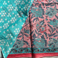 Blush pink handblock printed mulmul cotton saree with teal floral motifs and contrast blouse – House of Thansha
