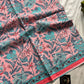 Blush pink handblock printed mulmul cotton saree with teal floral motifs and contrast blouse – House of Thansha