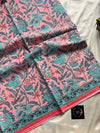 Blush pink handblock printed mulmul cotton saree with teal floral motifs and contrast blouse – House of Thansha