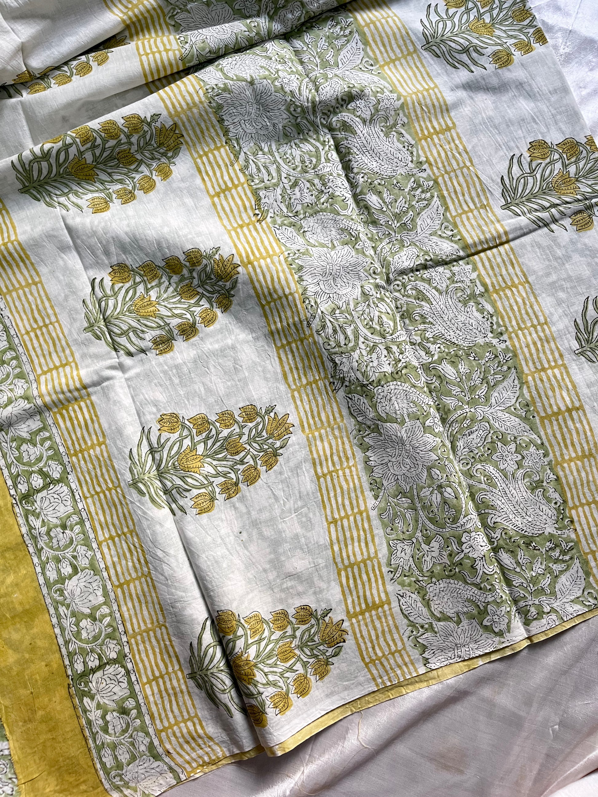 Aura – Yellow Block Printed Mulmul Cotton Saree with Green Border | House of Thansha