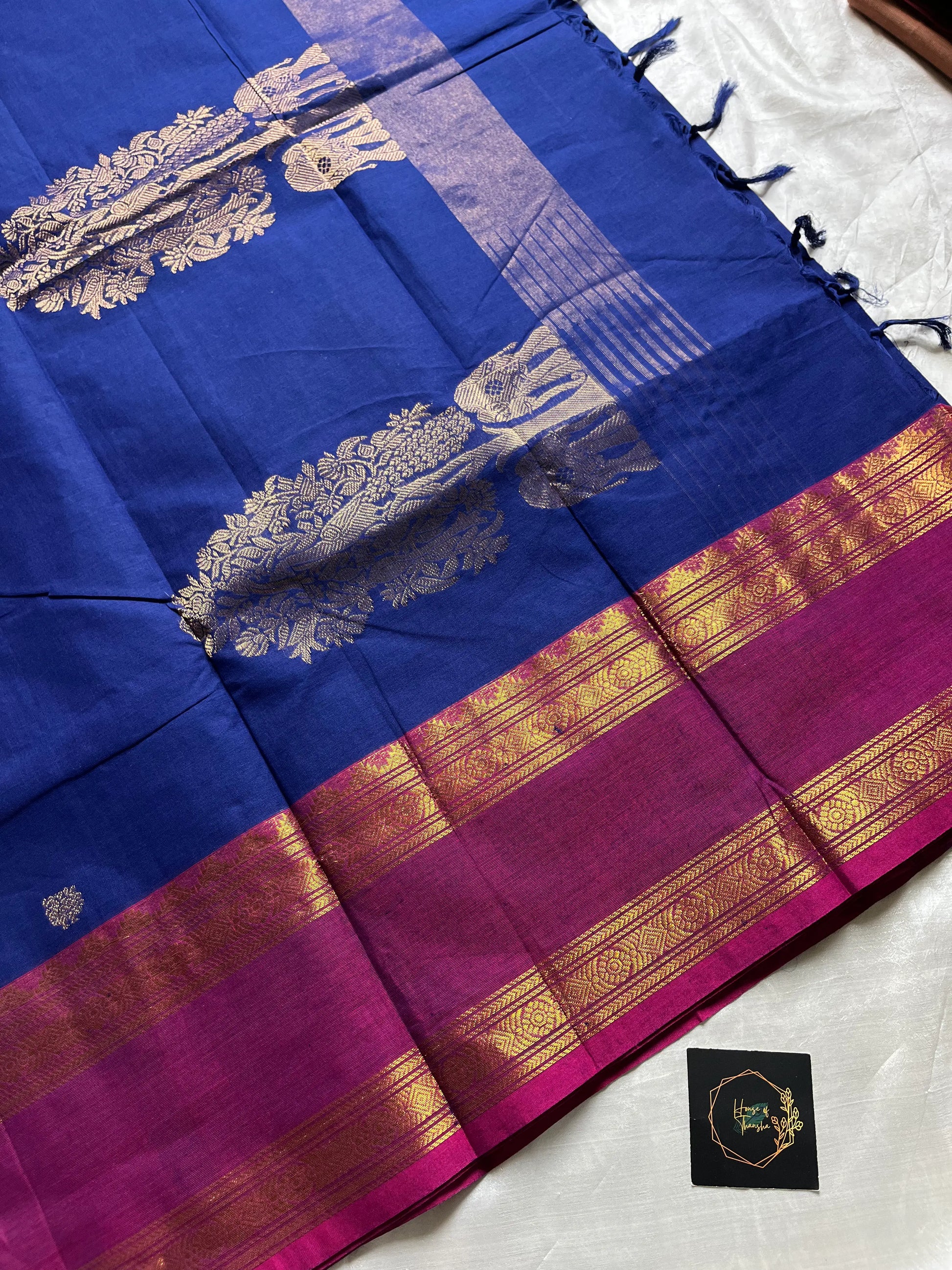 Throne Edit Blue Chettinadu Cotton Saree with Pink Border and Grand Pallu – Handwoven premium cotton saree by House of Thansha
