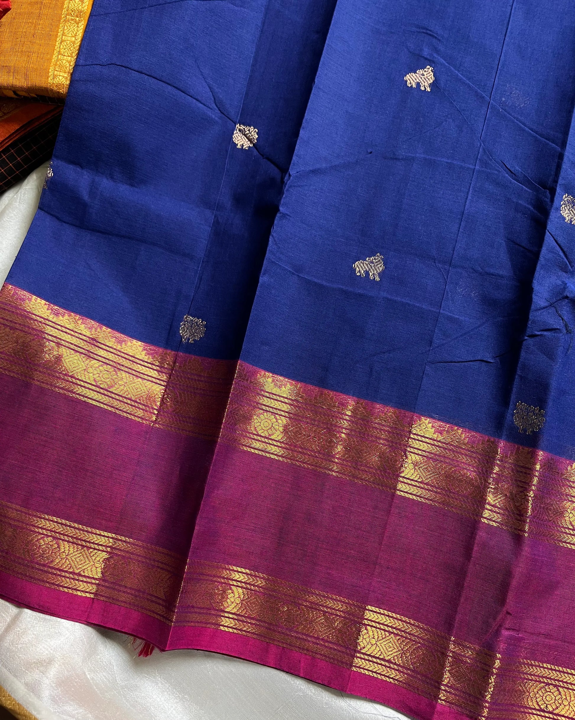 Throne Edit Blue Chettinadu Cotton Saree with Pink Border and Grand Pallu – Handwoven premium cotton saree by House of Thansha