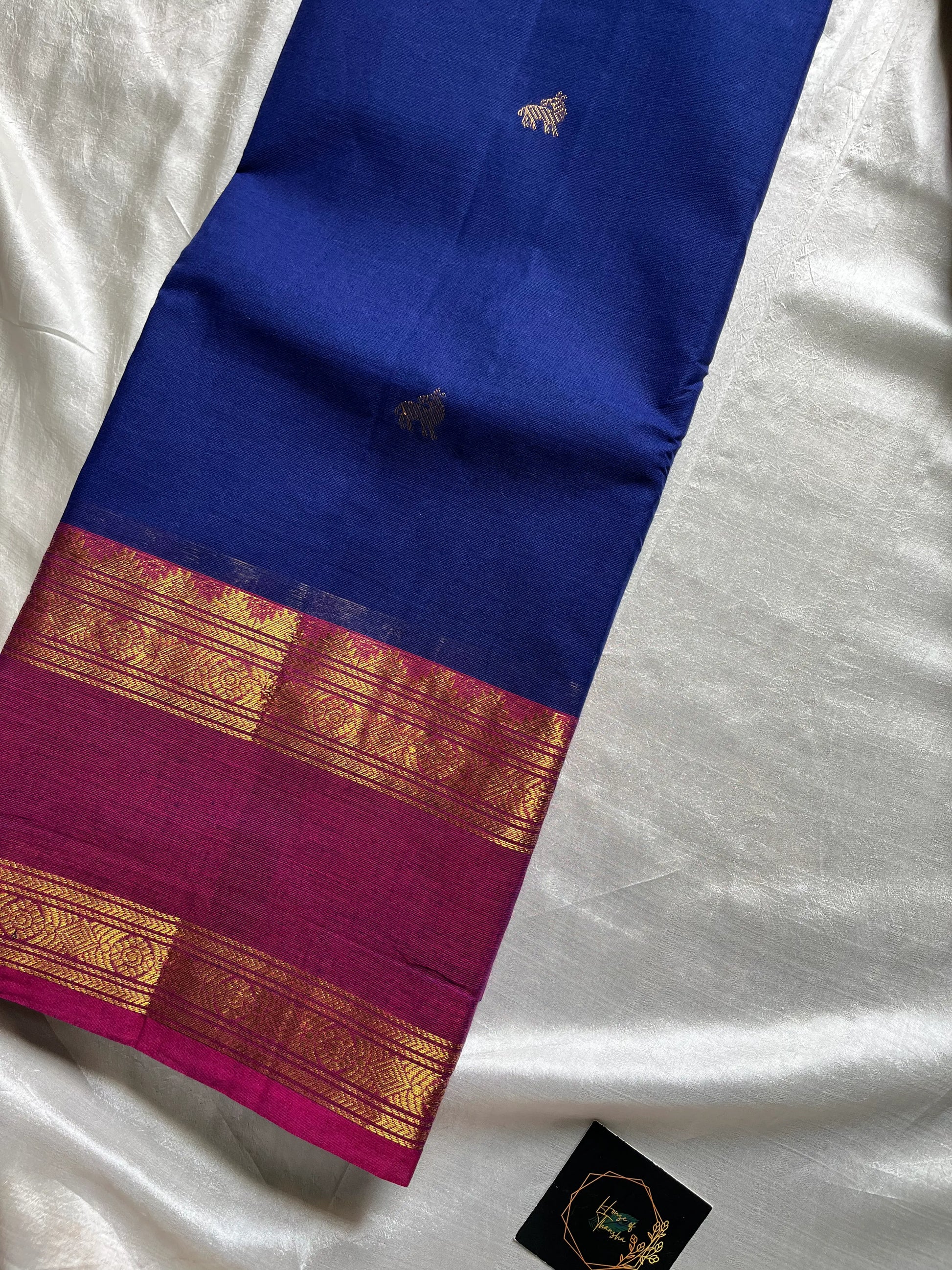 Throne Edit Blue Chettinadu Cotton Saree with Pink Border and Grand Pallu – Handwoven premium cotton saree by House of Thansha